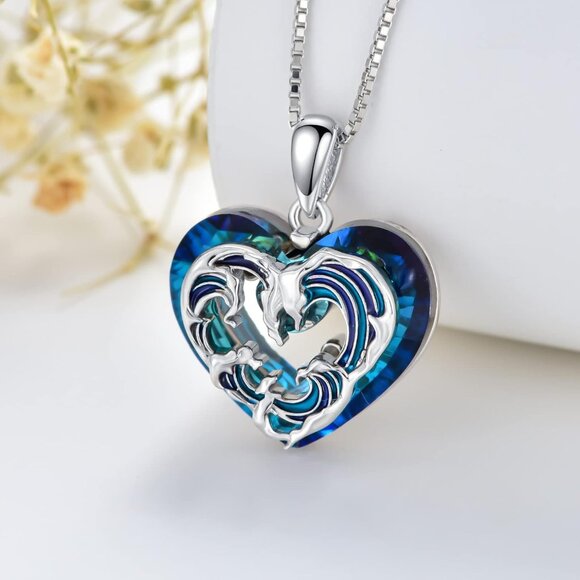 Wave Necklace 925 Sterling Silver Heart Crystal Palm Tree Compass Pendant Beach - Picture 3 of 6